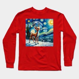 Guiding Starlight: Rudolph's Starry Night - Van Gogh-Inspired Reindeer Art Long Sleeve T-Shirt